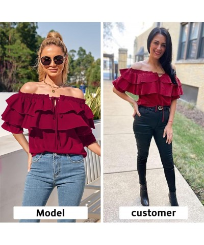 Women's Off Shoulder Ruffle Long Sleeve Blouses Casual Layered Tops Wine Red $21.72 Blouses