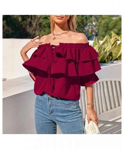 Women's Off Shoulder Ruffle Long Sleeve Blouses Casual Layered Tops Wine Red $21.72 Blouses