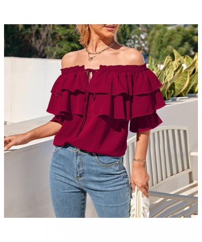 Women's Off Shoulder Ruffle Long Sleeve Blouses Casual Layered Tops Wine Red $21.72 Blouses