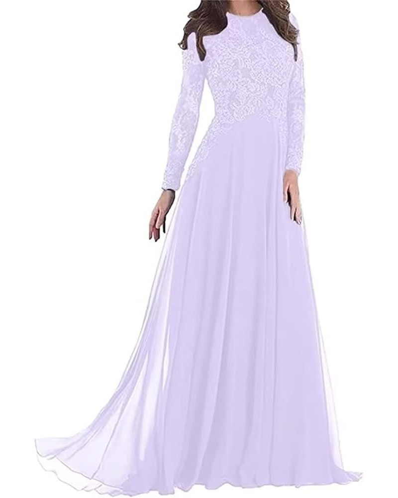 Long Sleeve Mother of The Bride Dress for Wedding Lace Appliques Chiffon A Line Formal Evening Party Gown for Women Lavender ...