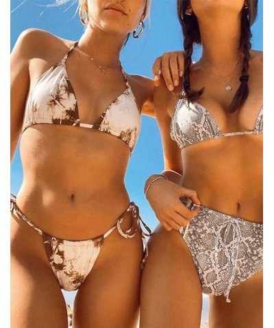 2 Piece Triangle Bikini Set Tie Dye Brazilian High Cut Swimsuits for Women Brown $11.04 Swimsuits