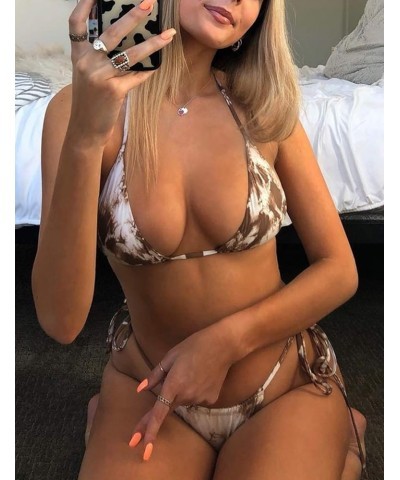 2 Piece Triangle Bikini Set Tie Dye Brazilian High Cut Swimsuits for Women Brown $11.04 Swimsuits