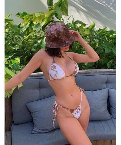 2 Piece Triangle Bikini Set Tie Dye Brazilian High Cut Swimsuits for Women Brown $11.04 Swimsuits