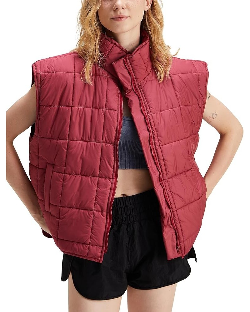 Women's Warm Quilted Puffer Vest Stand Collar Sleeveless Zip Up Padded Gilet Jacket Dark Red $6.00 Vests