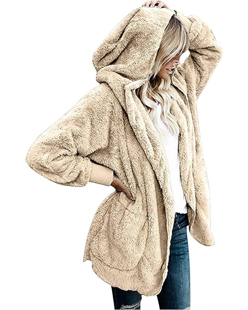 Womens Long Sleeve Winter Open Front Fleece Cardigans Fuzzy Hooded Sweater Chunky Fashion Outwear with Pockets 07 Beige $7.40...