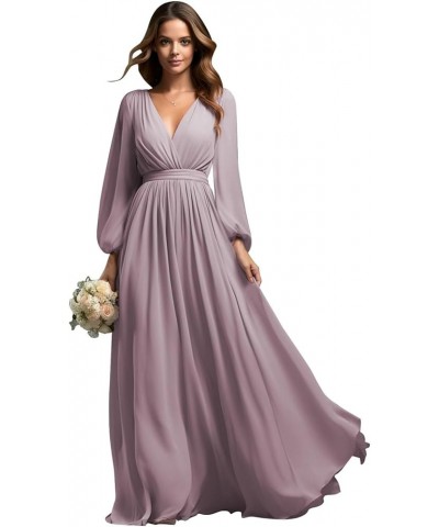 Long Sleeve Bridesmaid Dresses for Wedding Chiffon Pleated V-Neck Empire Waist Formal Dress Wisteria $42.39 Dresses