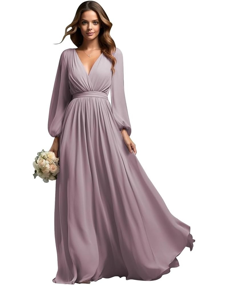 Long Sleeve Bridesmaid Dresses for Wedding Chiffon Pleated V-Neck Empire Waist Formal Dress Wisteria $42.39 Dresses