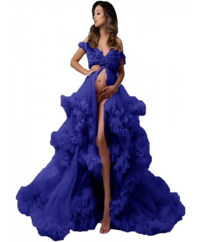 Ladies Perspective Sheer Long Pleated Robe Puffy Tulle Robe Sheer for Maternity Photoshoot with Slit Royal Blue $43.56 Robes