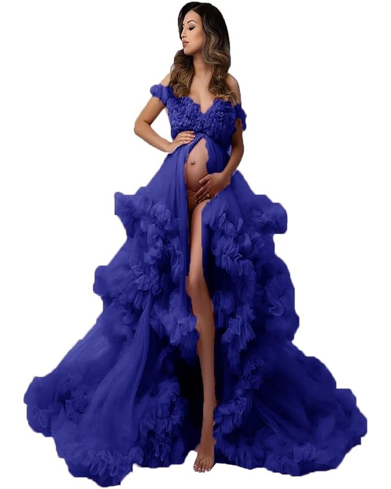 Ladies Perspective Sheer Long Pleated Robe Puffy Tulle Robe Sheer for Maternity Photoshoot with Slit Royal Blue $43.56 Robes