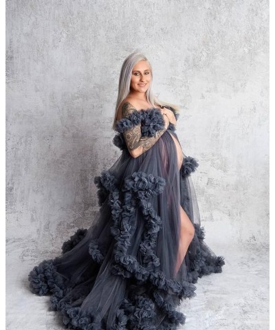 Ladies Perspective Sheer Long Pleated Robe Puffy Tulle Robe Sheer for Maternity Photoshoot with Slit Royal Blue $43.56 Robes