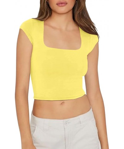 Women's Sexy Square Neck Crop Top Short Sleeve Slim Fit Going Out Cropped T Shirts Yellow $9.60 Tops