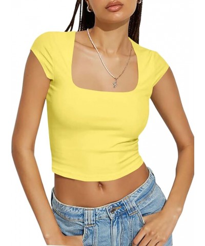 Women's Sexy Square Neck Crop Top Short Sleeve Slim Fit Going Out Cropped T Shirts Yellow $9.60 Tops