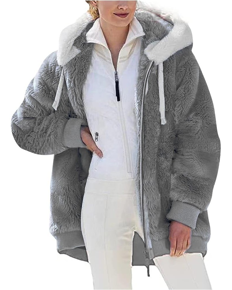 Sherpa Jacket Women Fashion Plus Size Open Front Coats with Hood Long Sleeve Fuzzy Fleece Zip Up Outerwear Dark Gray $12.42 J...