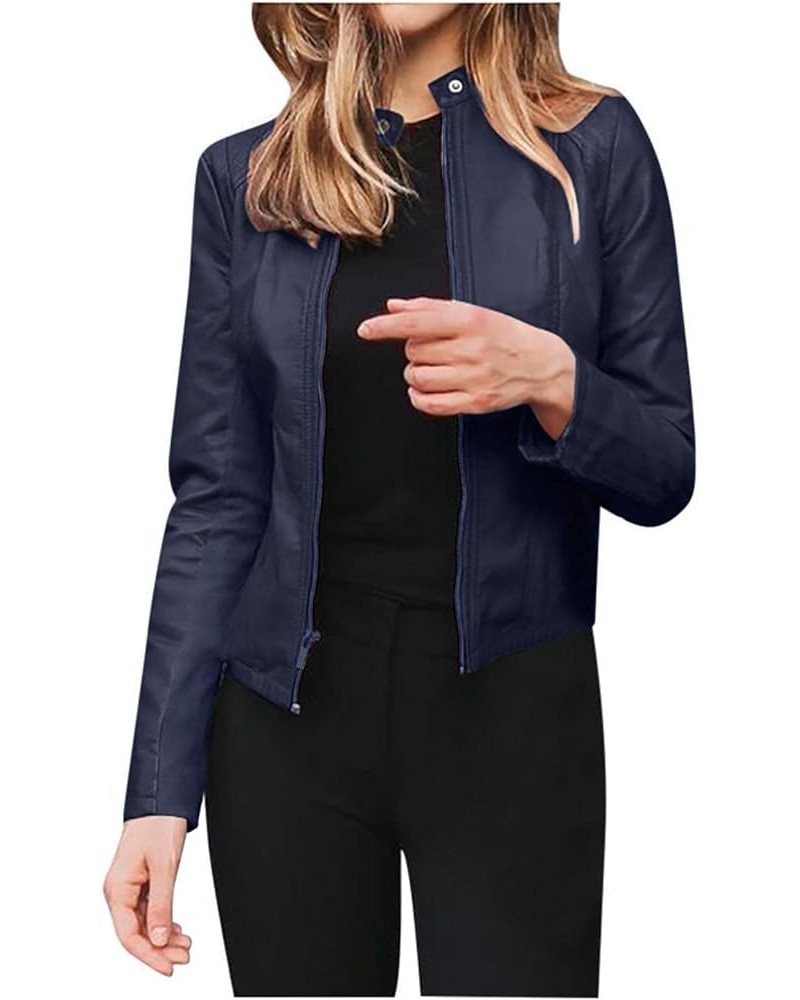 Black Leather Jacket Women Full Zip Snap Stand Collar Long Sleeve Short Cardigan Slim Jacket Zip Up Motorcycle Black Dark Blu...