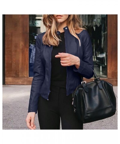 Black Leather Jacket Women Full Zip Snap Stand Collar Long Sleeve Short Cardigan Slim Jacket Zip Up Motorcycle Black Dark Blu...