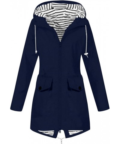 Women Plush Solid Rain Jacket Outdoor Plus Waterproof Hooded Raincoat Windproof Navy $16.77 Coats