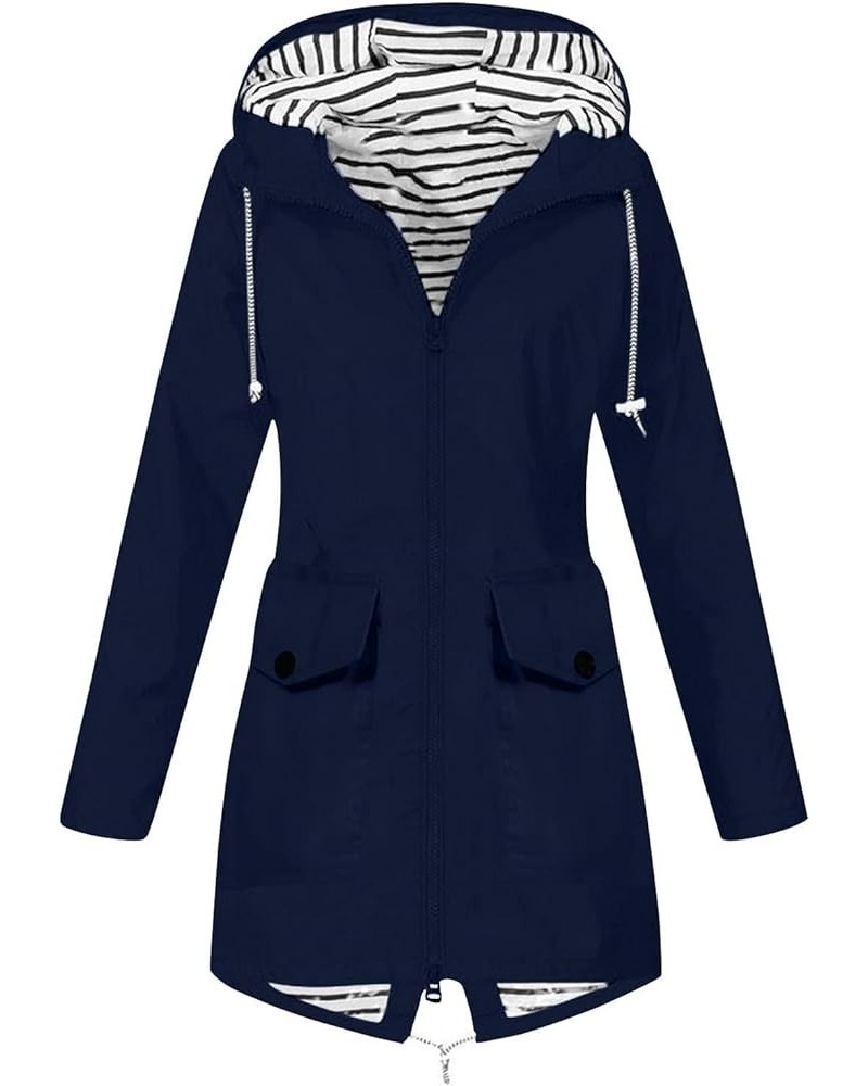 Women Plush Solid Rain Jacket Outdoor Plus Waterproof Hooded Raincoat Windproof Navy $16.77 Coats