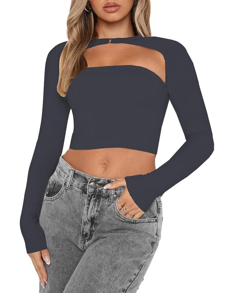 Women's Cut Out Long Sleeve Crop Top Sexy Going Out Tops Shirt Grey $11.28 T-Shirts