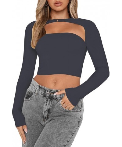 Women's Cut Out Long Sleeve Crop Top Sexy Going Out Tops Shirt Grey $11.28 T-Shirts