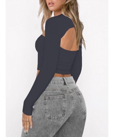 Women's Cut Out Long Sleeve Crop Top Sexy Going Out Tops Shirt Grey $11.28 T-Shirts