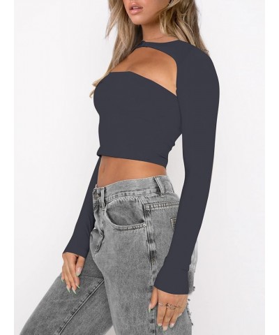 Women's Cut Out Long Sleeve Crop Top Sexy Going Out Tops Shirt Grey $11.28 T-Shirts