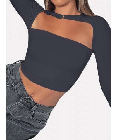 Women's Cut Out Long Sleeve Crop Top Sexy Going Out Tops Shirt Grey $11.28 T-Shirts