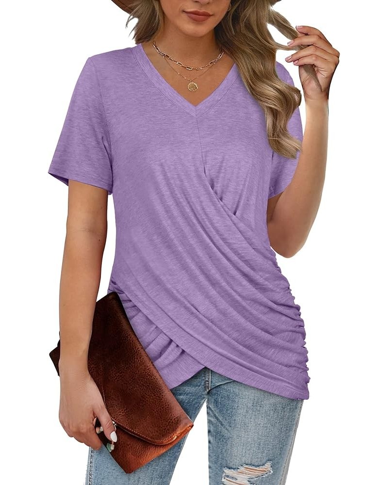 Womens Summer Tops Dressy Twist Front V Neck T Shirts for Women Short Sleeve 04h-purple $13.99 T-Shirts