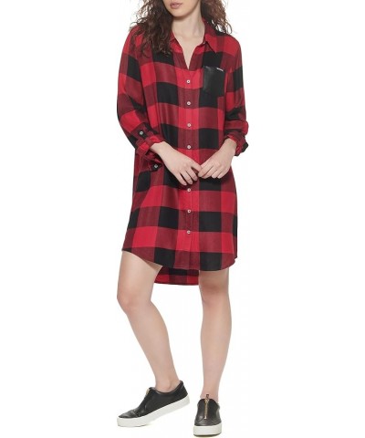 Women's Flannel Elevated Jeans Woven Top Black/Salsa Red $30.82 Jeans