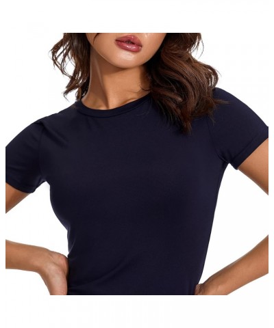 Women's Summer Short Sleeve Tight T Shirts Y2k Crew Neck Slim Fit Going Out Crop Tops Sexy Basic Tee Dark Blue $8.15 Tops