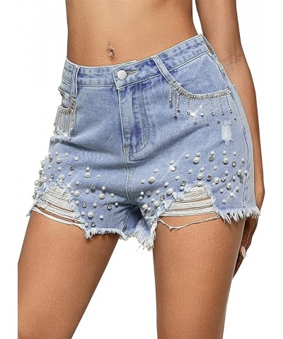 Women Denim Short Rhinestone Tassel Jean Short Pearl Beaded Frayed Raw Hem Jean Shorts Blue $23.39 Shorts