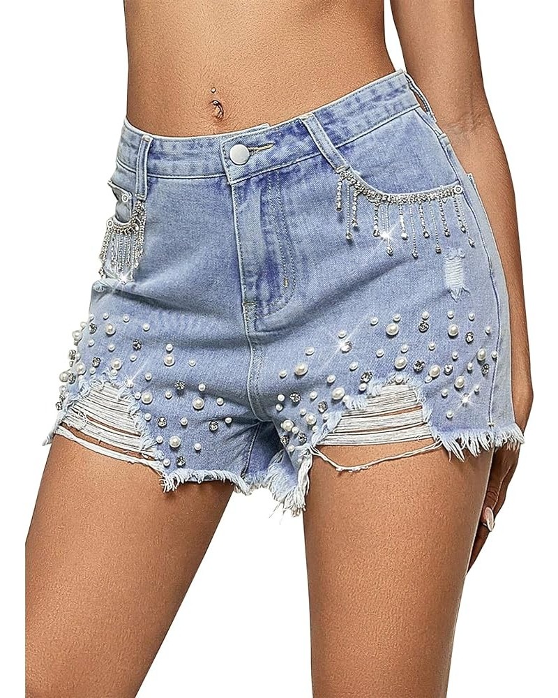 Women Denim Short Rhinestone Tassel Jean Short Pearl Beaded Frayed Raw Hem Jean Shorts Blue $23.39 Shorts