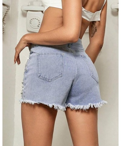 Women Denim Short Rhinestone Tassel Jean Short Pearl Beaded Frayed Raw Hem Jean Shorts Blue $23.39 Shorts