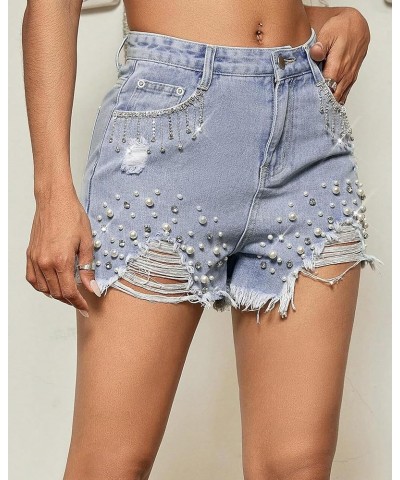 Women Denim Short Rhinestone Tassel Jean Short Pearl Beaded Frayed Raw Hem Jean Shorts Blue $23.39 Shorts