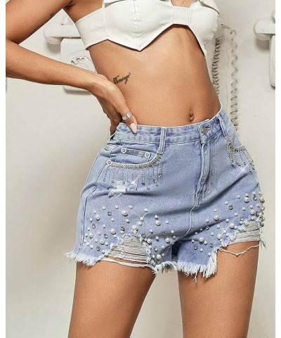 Women Denim Short Rhinestone Tassel Jean Short Pearl Beaded Frayed Raw Hem Jean Shorts Blue $23.39 Shorts