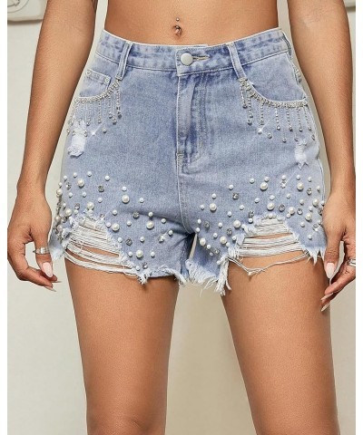 Women Denim Short Rhinestone Tassel Jean Short Pearl Beaded Frayed Raw Hem Jean Shorts Blue $23.39 Shorts