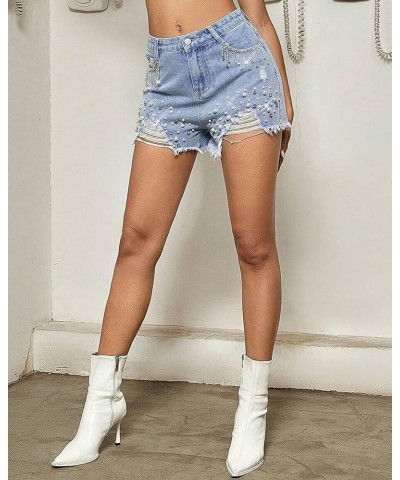 Women Denim Short Rhinestone Tassel Jean Short Pearl Beaded Frayed Raw Hem Jean Shorts Blue $23.39 Shorts