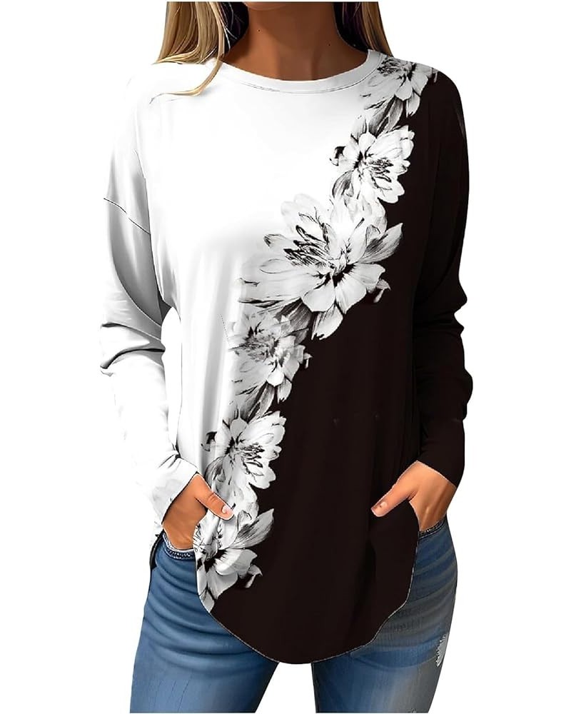 Womens Long Sleeve Tops Casual Spring Fall Print Blouses Plus Size Loose T-Shirts Lightweight Round Neck Tunic Tops 01-black ...