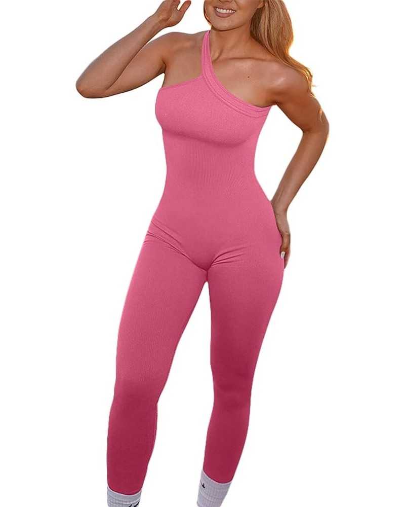 Women Yoga Jumpsuits Workout Ribbed Square Neck Long Sleeve Bodycon Rompers Sport Jumpsuits Skinny One-Piece Clothes H Pink $...