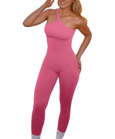 Women Yoga Jumpsuits Workout Ribbed Square Neck Long Sleeve Bodycon Rompers Sport Jumpsuits Skinny One-Piece Clothes H Pink $...