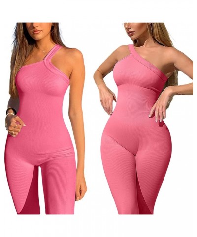 Women Yoga Jumpsuits Workout Ribbed Square Neck Long Sleeve Bodycon Rompers Sport Jumpsuits Skinny One-Piece Clothes H Pink $...