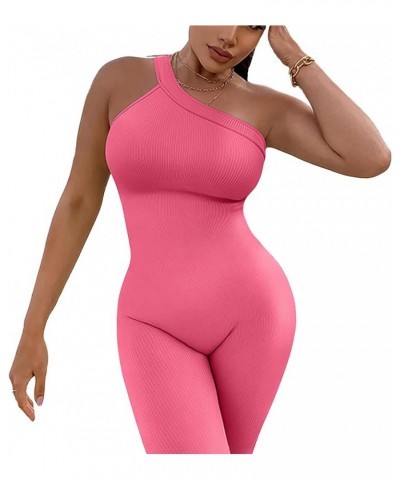 Women Yoga Jumpsuits Workout Ribbed Square Neck Long Sleeve Bodycon Rompers Sport Jumpsuits Skinny One-Piece Clothes H Pink $...