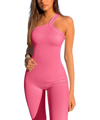 Women Yoga Jumpsuits Workout Ribbed Square Neck Long Sleeve Bodycon Rompers Sport Jumpsuits Skinny One-Piece Clothes H Pink $...