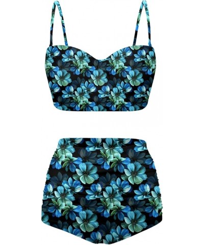 Women's Swimsuit Size S-2XL,Girls Summer 2 Pieces Crop Tops+High Waisted Briefs Bikini Sets Blue Flower $12.74 Swimsuits