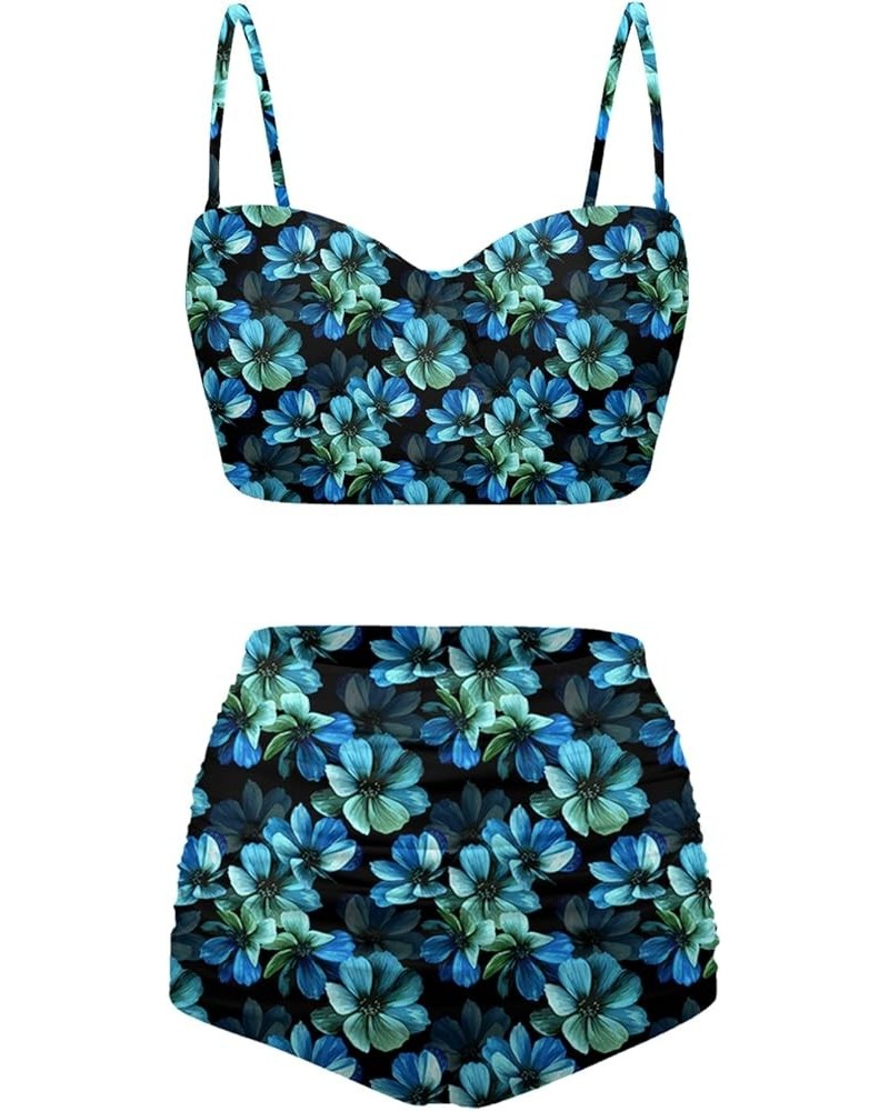 Women's Swimsuit Size S-2XL,Girls Summer 2 Pieces Crop Tops+High Waisted Briefs Bikini Sets Blue Flower $12.74 Swimsuits