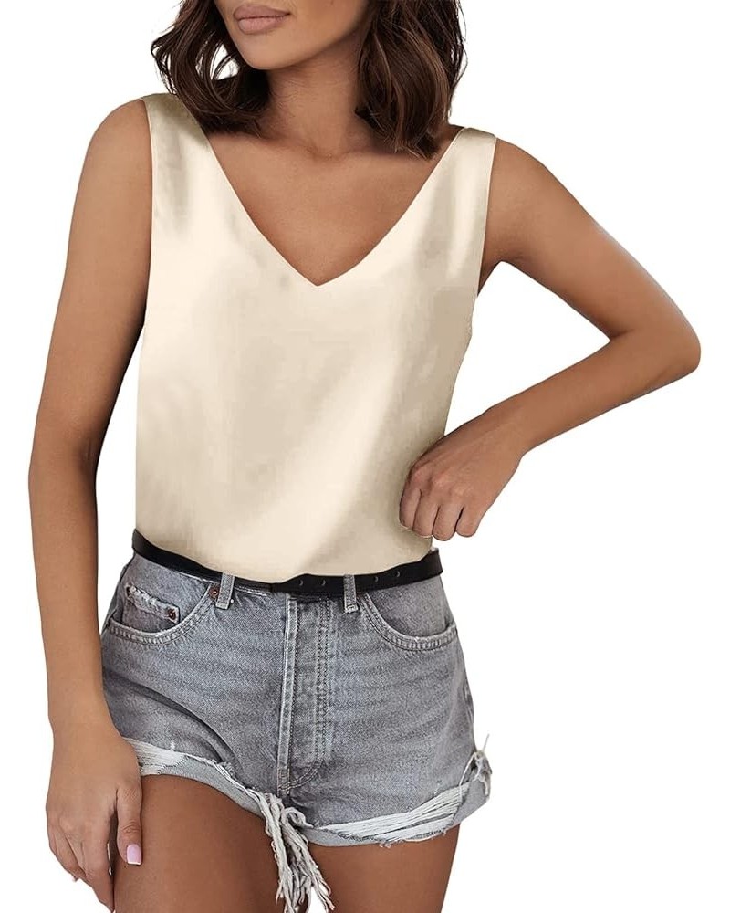 2024 Womens Silk Satin Tank Tops V Neck Casual Comfort Cami Sleeveless Camisole Blouses Summer Basic Tank Shirt 11011beige $8...