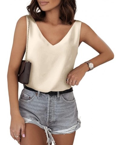 2024 Womens Silk Satin Tank Tops V Neck Casual Comfort Cami Sleeveless Camisole Blouses Summer Basic Tank Shirt 11011beige $8...