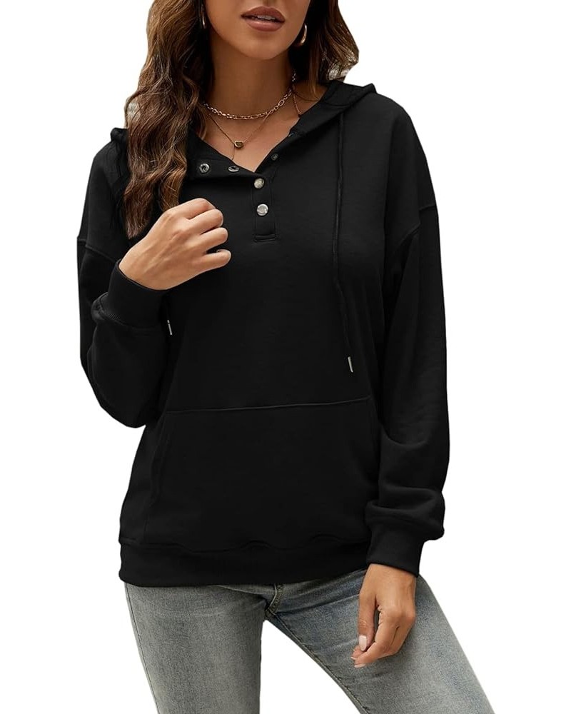 Women's Casual Hooded Drawstring Long Sleeve Button Down Hoodies Lightweight Pullover Sweatshirt Tops with Pockets Black $19....