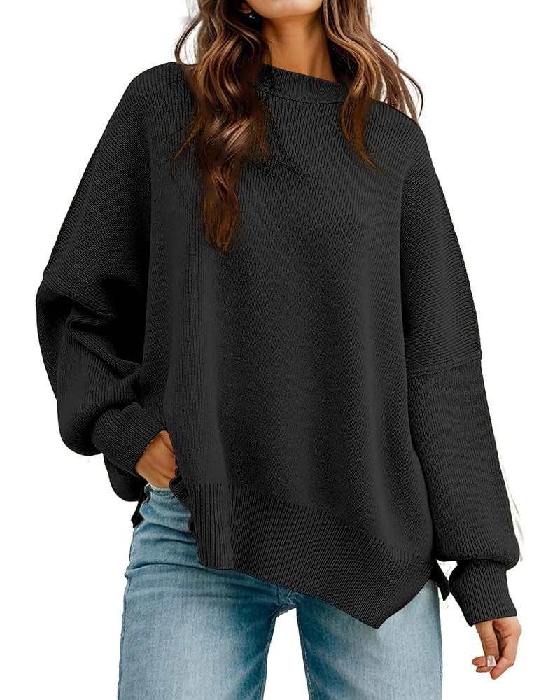 Women's Oversized Batwing Long Sleeve Sweaters Crewneck Side Slit Ribbed Knit Pullover Sweaters Jumpers Tops Black $28.41 Swe...