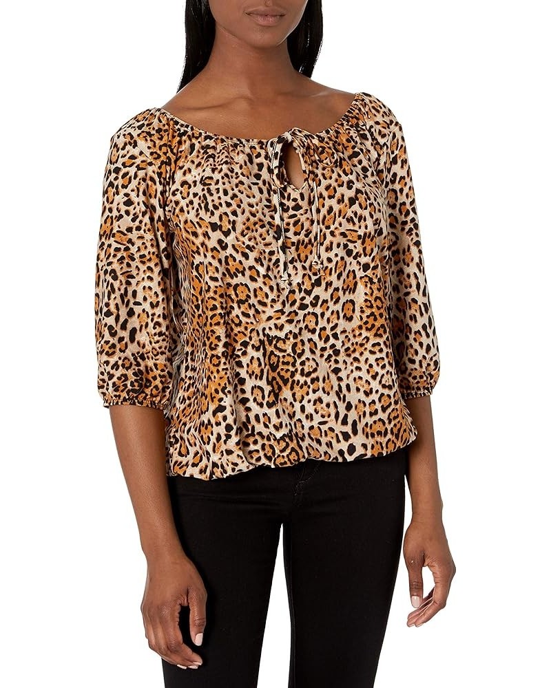 Women's 3/4 Sleeve, Front Tie Peasant Top Brown Cheetah $10.64 Blouses