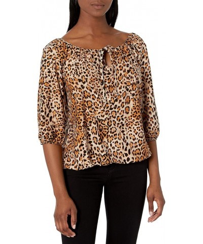 Women's 3/4 Sleeve, Front Tie Peasant Top Brown Cheetah $10.64 Blouses